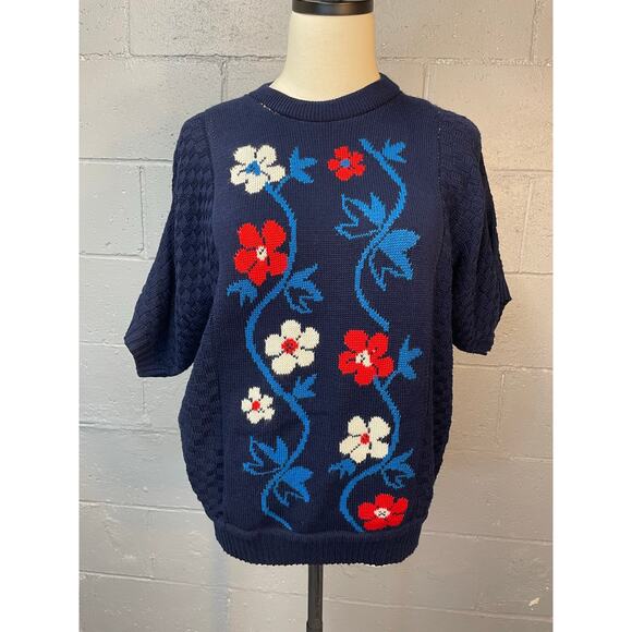 Vintage 1980s Floral Novelty Knit Short Sleeve Sweater Red White Blue Med - Picture 1 of 10